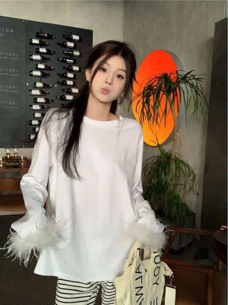 Unique Large Size Women's T-Shirt with Feathery Sleeves 300 Pounds Inner Wear Long Sleeve Base Shirt Lazy Style Autumn Spring