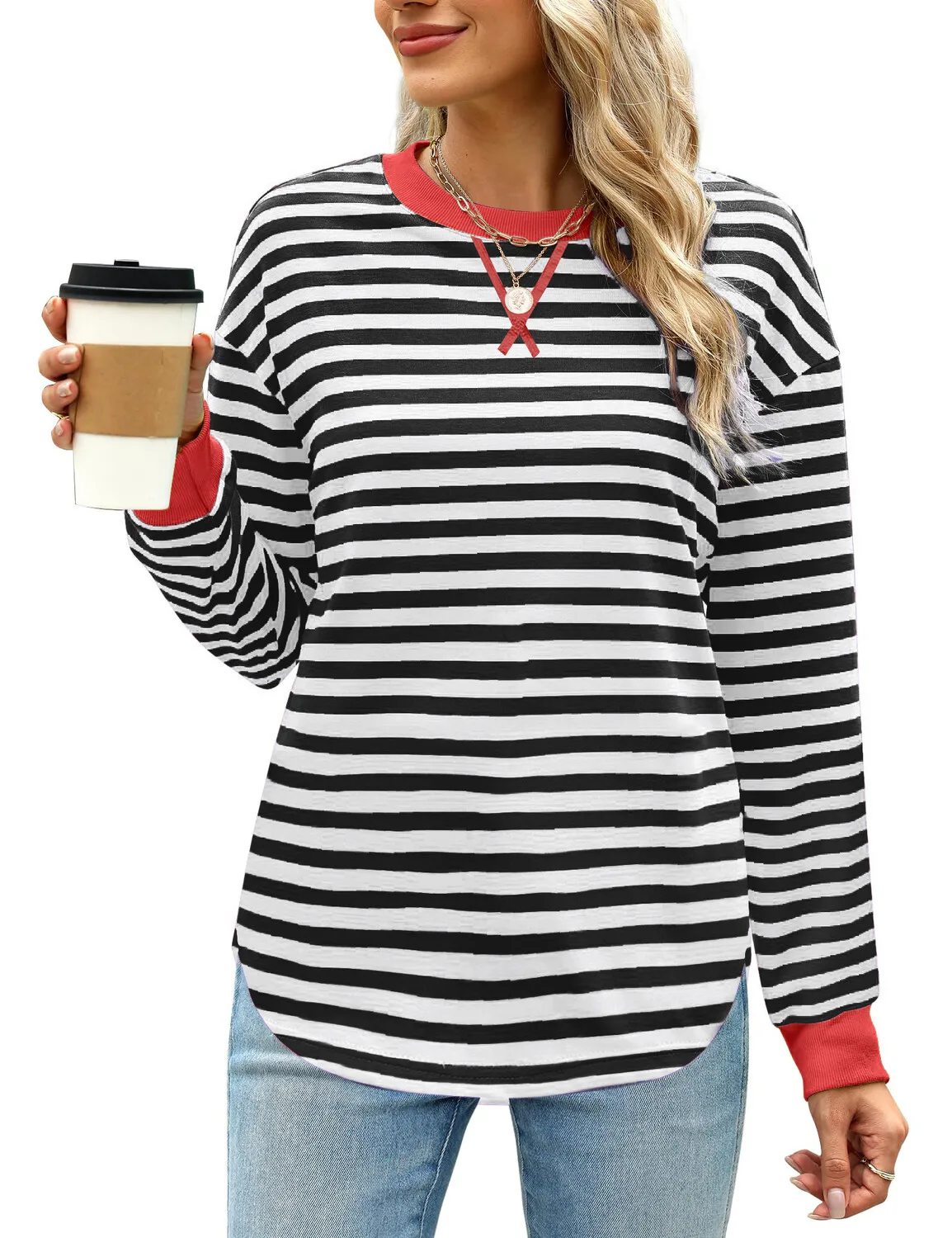

2025 Autumn Women's Striped T-shirt Long Sleeve O-neck Color Block Fashion Top Casual Street Blouse