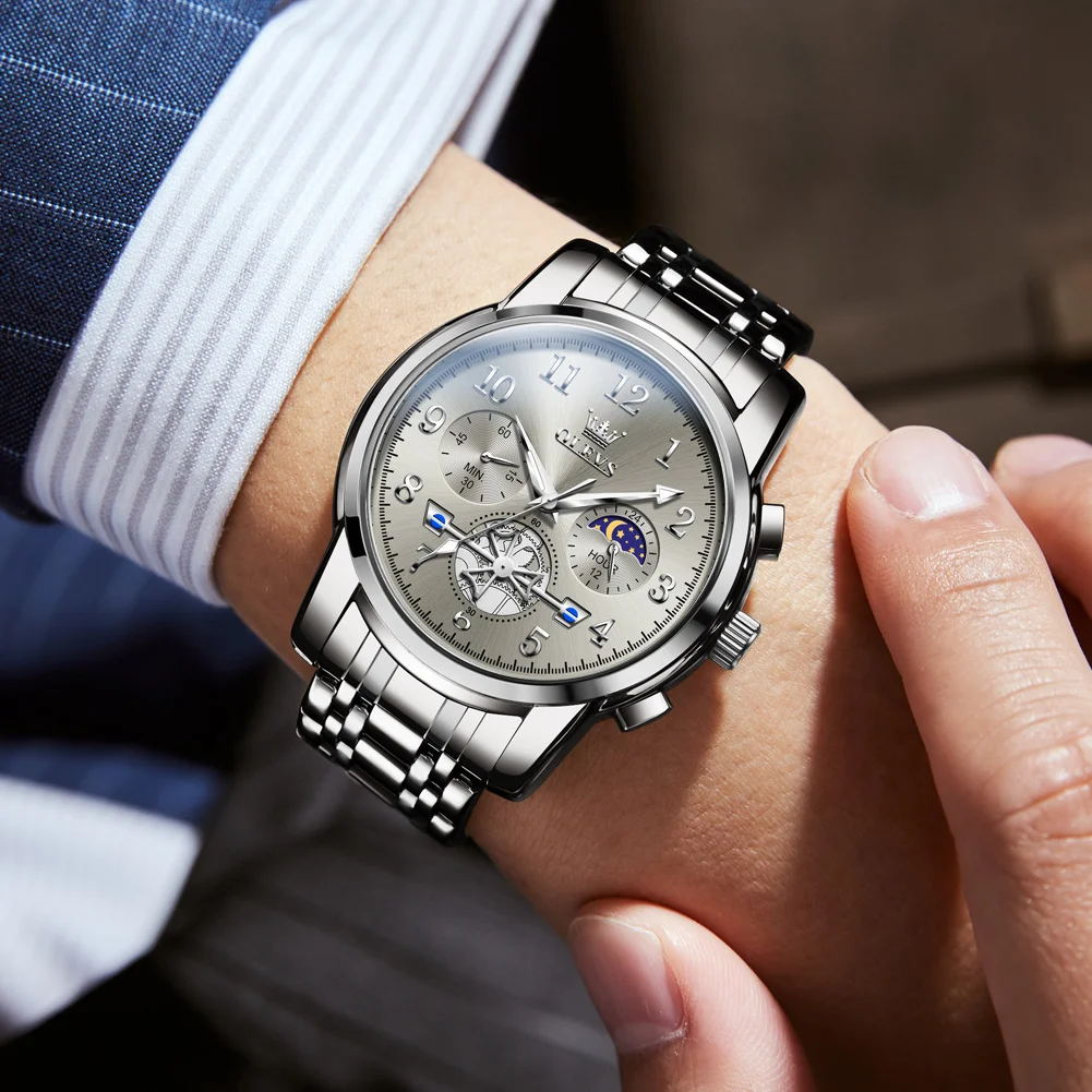 OLEVS Original High Quality Watch for Men Stainless Steel Mens Watch Moon Phase Luminous Luxury Quartz Men's Wristwatches 2900