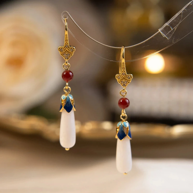 

New Chinese Style Earrings Retro Beaded Long Earrings Classical Temperament White Jade Hand-painted Enamel Jewelry New Year Gift