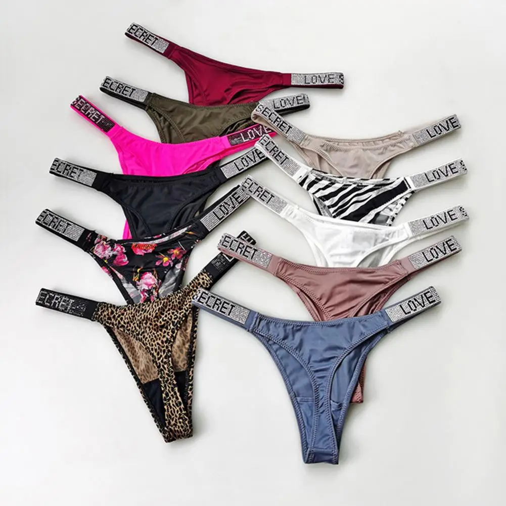 

Women Thong Low Waist Leopard Print Shiny Rhinestone T-BackHigh Fork T-Shaped Letter Print Lady Briefs Sexy Women Underpants