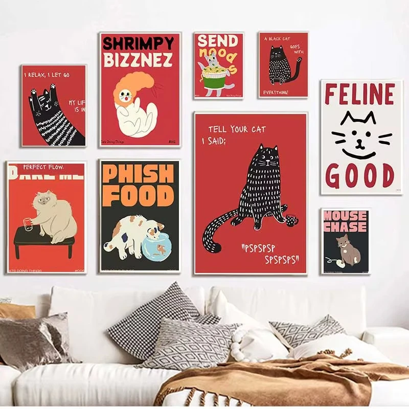 Retro Fun Minimalist Cat Decorative Art Playful Abstract Line Cat Canvas Print Home Cat Cafe Decor Perfect Gift