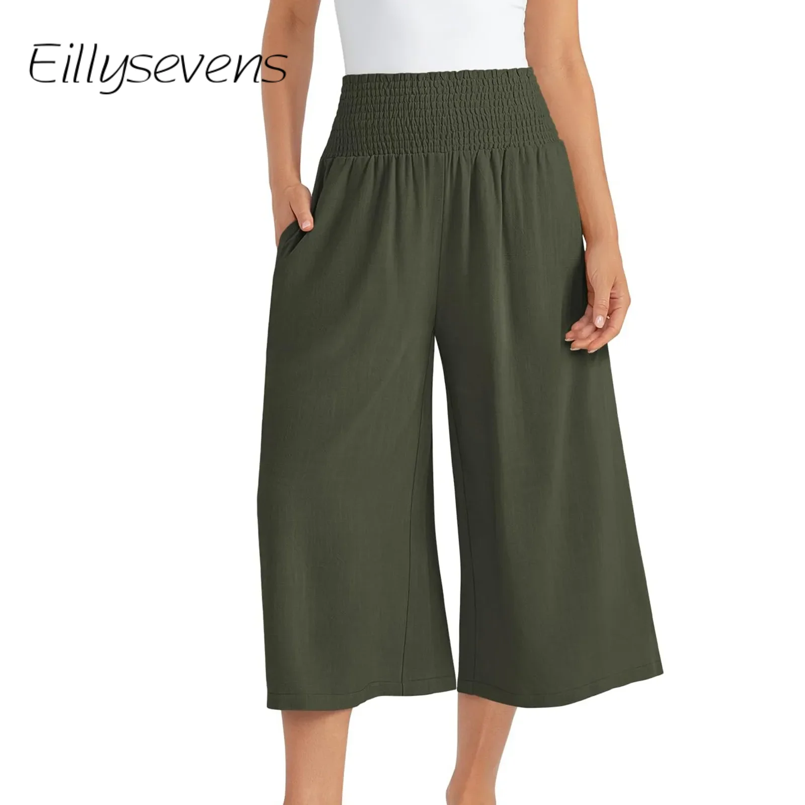 

Wide Leg Cropped Pants For Women Casual Solid Color Elastic High Waist Trousers Cotton Linen Loose Drawstring With Pockets Pants