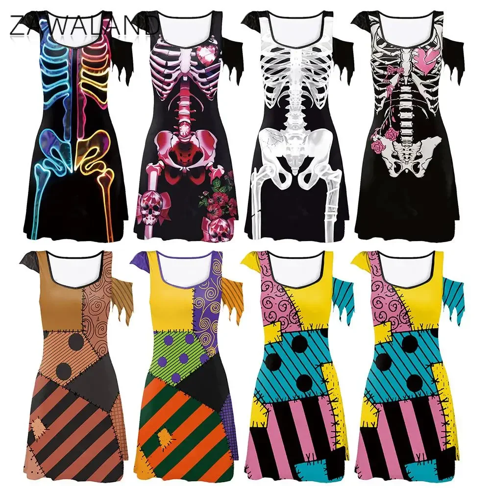 

Zawaland Halloween Dresses for Women Skeleton Printed Cosplay Costume Zombie Clown Party Dress Carnival Festival Sally Outfit