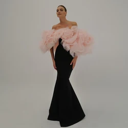 2025 Collection Black Mermaid Evening Dresses with Pink Cape Sleeves Ruffled Rose Flowers Long Birthday Party Dress Formal Gowns