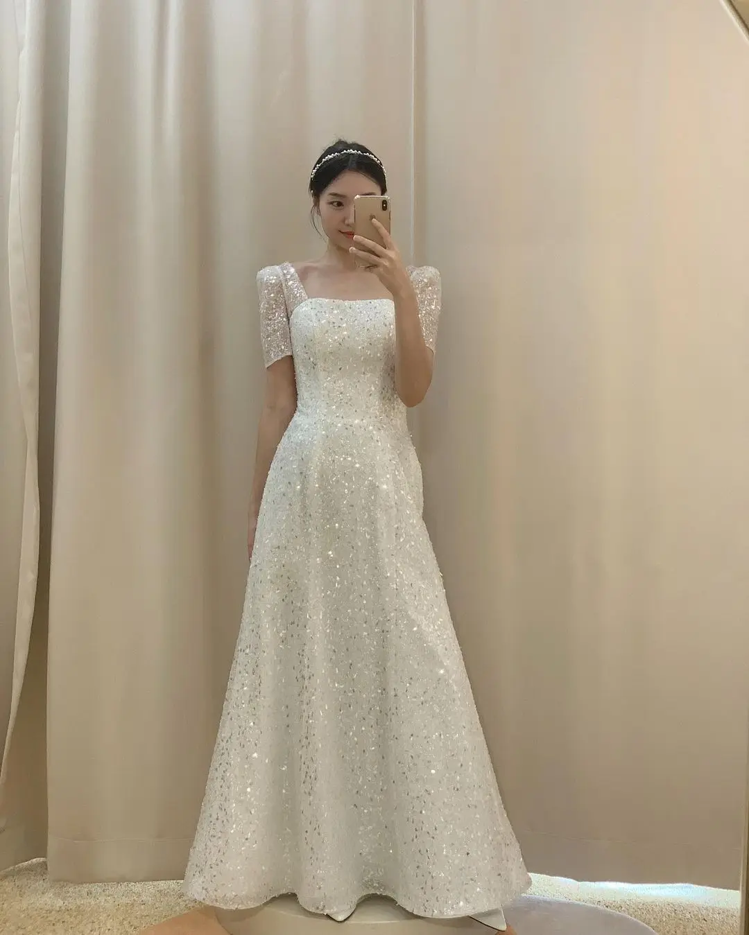 TAFN Luxury Wedding Dresses Square Collar Short Sleeves Bridal Gowns Floor-Length Photo Shoot Dress for Bride Custom Made