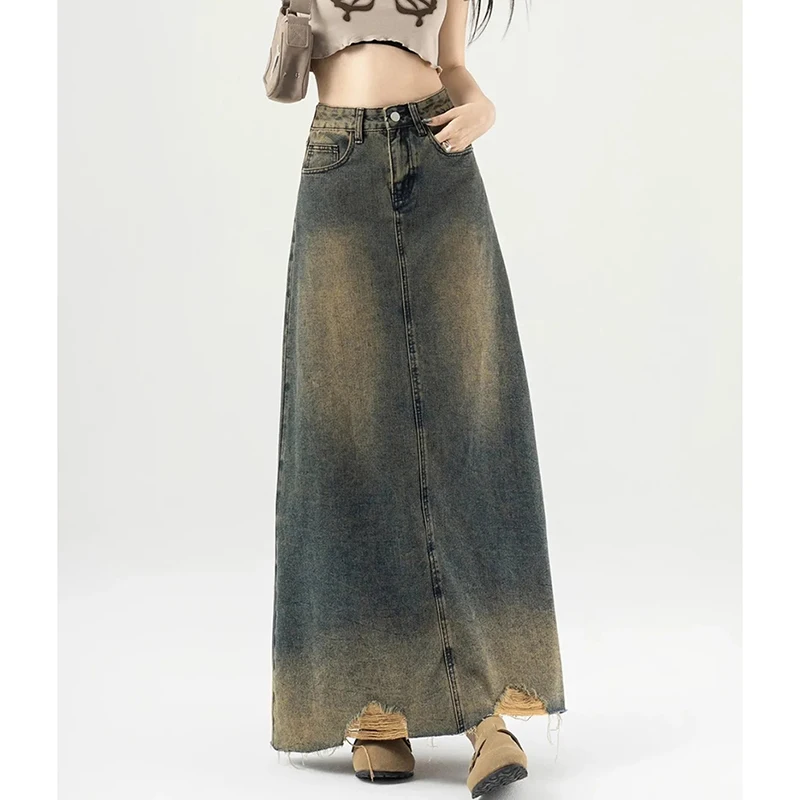 

American Vintage Distressed Denim Skirt Women High Waisted Raw Hem Ripped Skirt A Line Harajuku Y2K Street Slim Casual Skirt