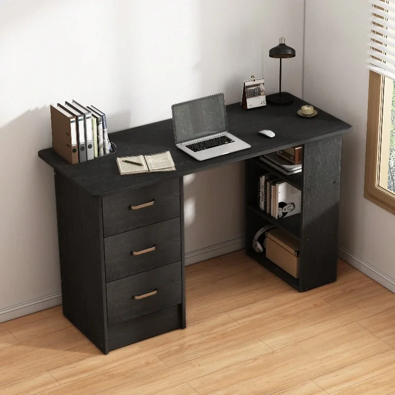 Writing Desk Wood Computer Desk With 3 Drawers,3 Open Storage Shelves For Home Office,Study Room,Dressing Room,Modern Home Office Desk,Gaming Desk,Home Office Furniture (White/Black)