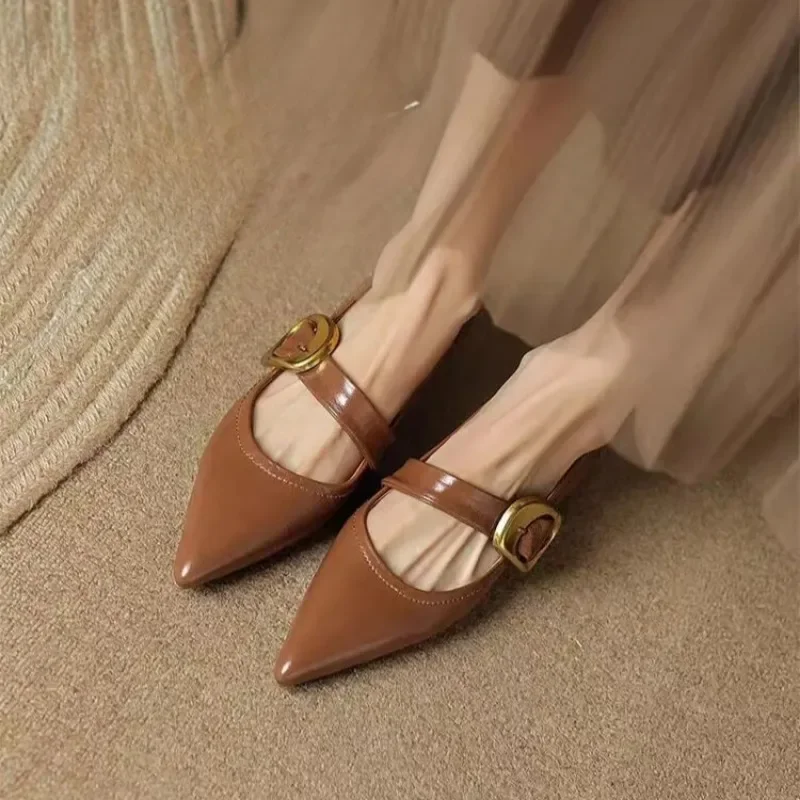 

2025 New Flat Bottom Temperament Women's Single Shoes Autumn Pointed French One Button Mary Jane Soft Sole Shoes for Women 35-40