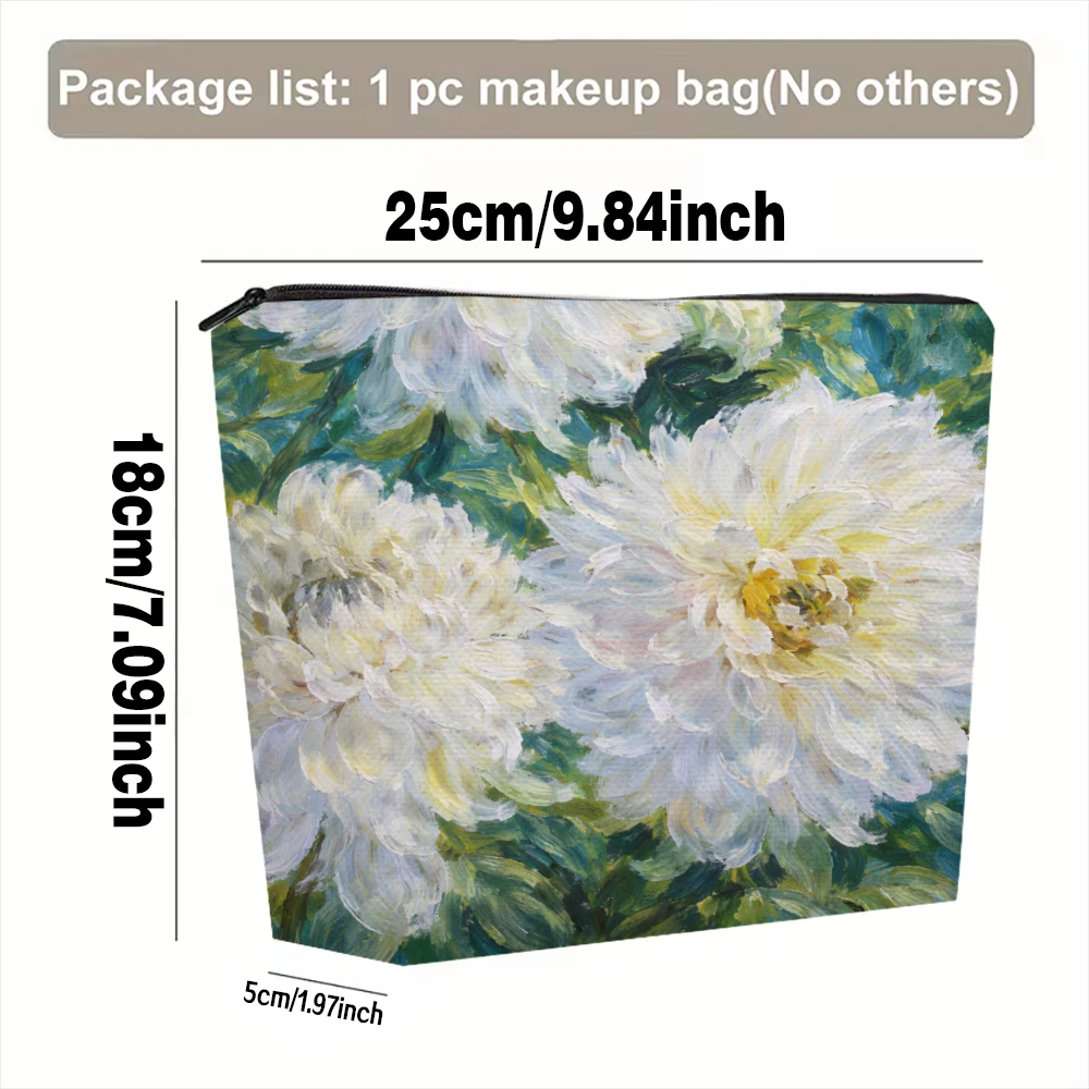 White Flowers Green Leaves Pattern Makeup Bags for Girls Cosmetic Pouch Toiletry Bag Pencil Case Travel Storage