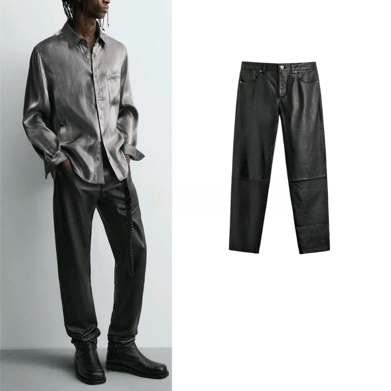 

New Winter Men's Casual Zipper PU Leather Pants American Sle Slim Fit Long Trousers Youth ular Pure Color Leisure Pants