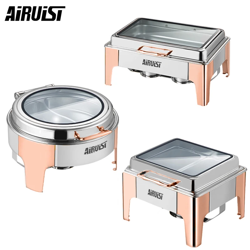 

Airuisi Luxury Stainless Steel Rose Gold Rectangular Electric Food Heater Self-Service Hot Pot For Catering Banquets Parties