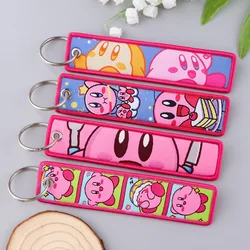 Kirby Pink Anime Figure Pendant Cloth Woven Label Keychain Keyring Accessory Bag Decoration Cartoon Children Toy Birthday Gifts