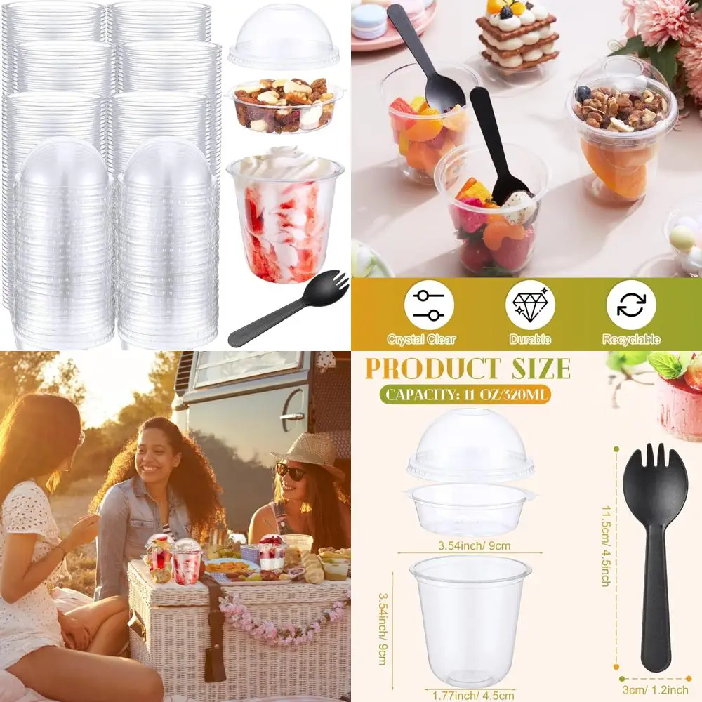 

Disposable Clear Plastic Parfait Cups with Lids and Spork, 200 Pack for Party Desserts, Round Fruit Containers
