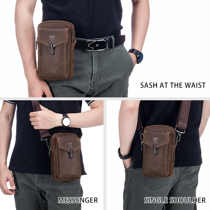 BULLCAPTAIN Crazy Horse Leather Men\'s Waist Bags Multifunctional 7-inch Mobile Phone Bag Bag Male Shoulder Messenger Bages Brown