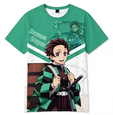 Kamado Tanjiro Breathable Mesh Green and White Contrast Casual Street Style T-shirt with Demon Slayer Blade