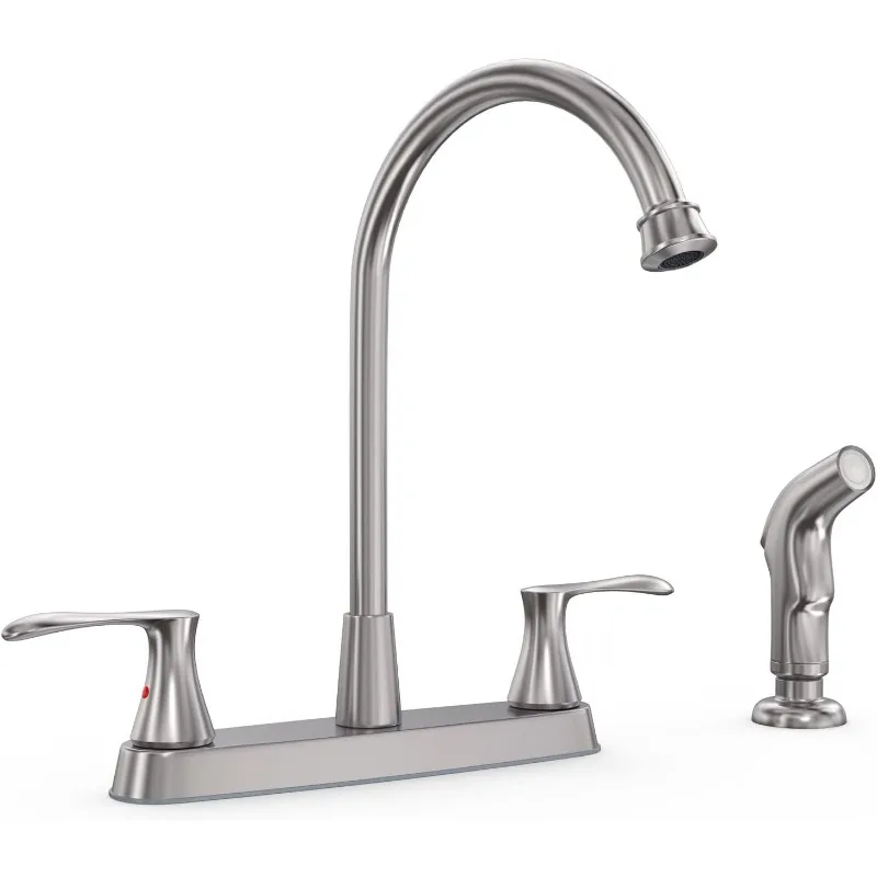 Brushed Nickel Kitchen Faucet with Side Sprayer, Two Handle High Arc 4 Holes 8 Inch Centerset Stainless Steel Kitchen Sink