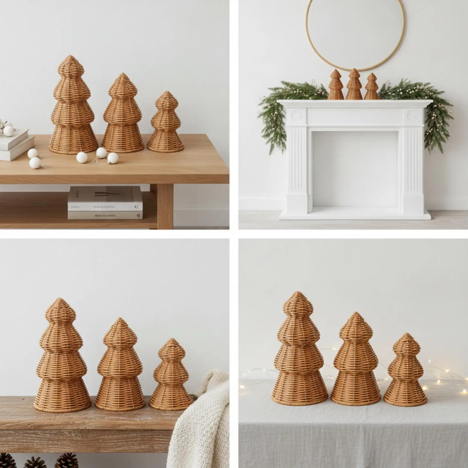 Boho Woven Christmas Tree Table Decor Tiered Rattan Design Rustic Iron Frame Sturdy Build for Mantel Shelf Nordic Holiday