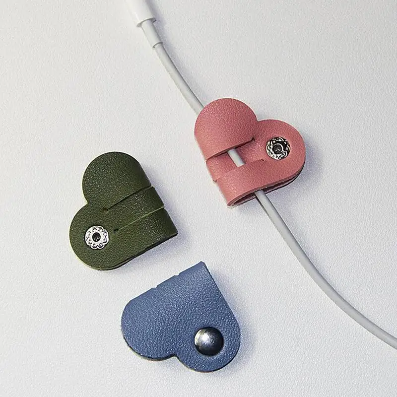 Leather Cable Straps With Snap PU Leather Cable Ties Heart-shape Cable Organizers Cable Management Cable Ties Earbud Holder