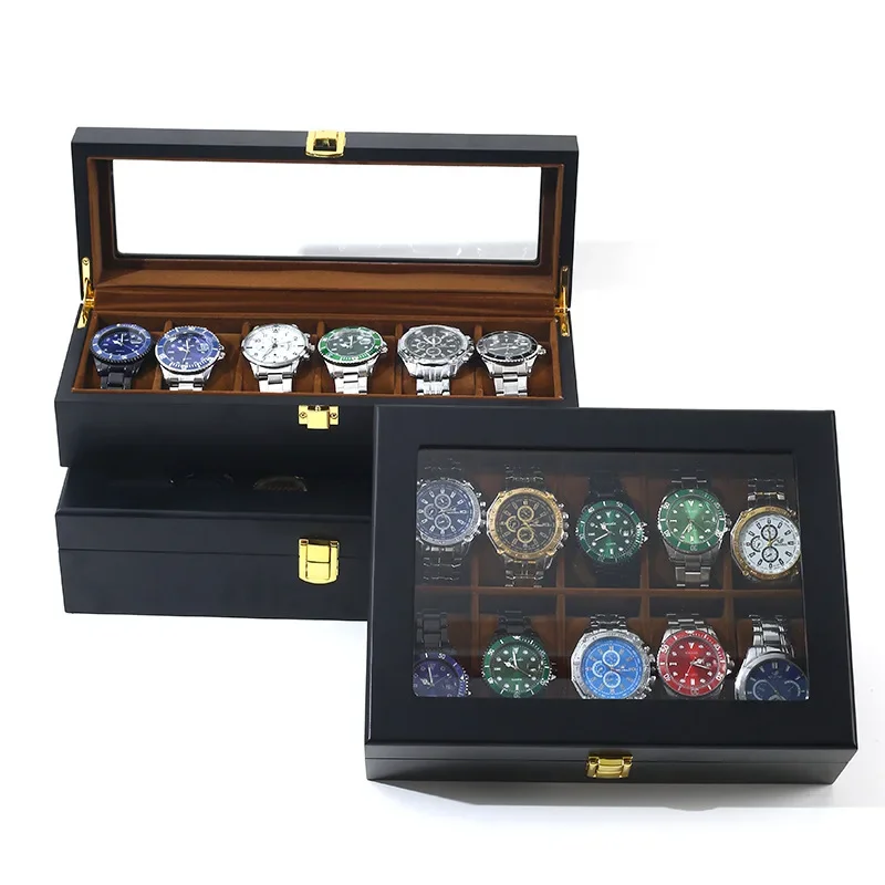 Jewelry Storage Organizer for Watch Gifts with 6/10/12 Grids Black Wood Watch Box with Coffee Lining