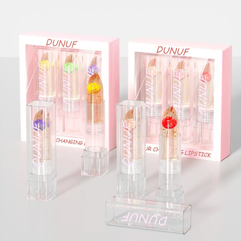 DUNUF, 3 paquetes de flores secas, lápiz labial que cambia de Color, brillo de labios, humectante, maquillaje de temperatura de cristal, bálsamo labial transparente