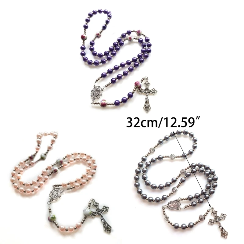 Handmade Glass Bead Rosary Catholic Necklace for Women Girls Jewelry Jesus for Cross Pendant Religious Prayer Necklaces Y5GB