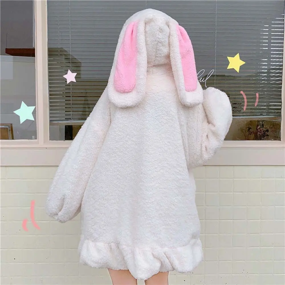 Sudaderas con capucha informales de felpa con Orejas de conejo para mujer, pijamas de dibujos animados, sudaderas Kawaii para mujer, chaqueta, ropa de manga larga