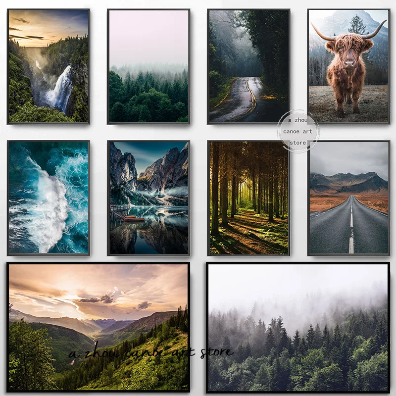 Nature Landscape Waterfall Forest Foggy Mountain Vally Sunset Art Posters Canvas Painting Wall Print Picture for Room Home Deocr