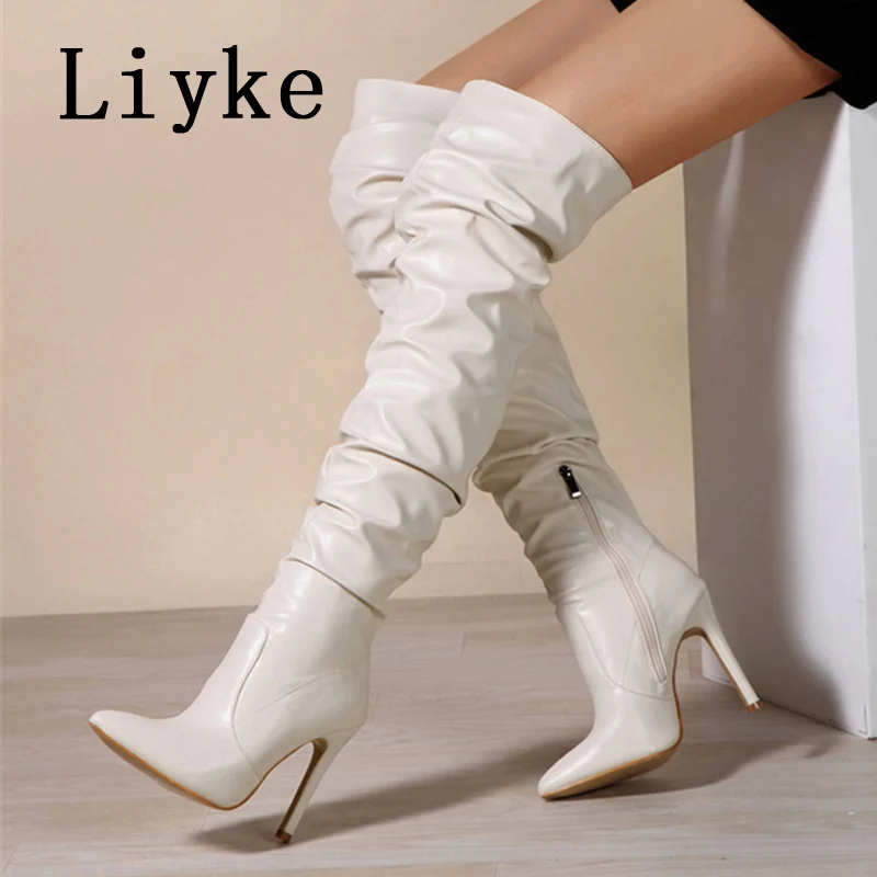 Liyke 2024 New Fashion Design Pleated Leather Over The Knee Boots Women Sexy Pointed Toe Stripper Heels Zip Long Shoes Size 42