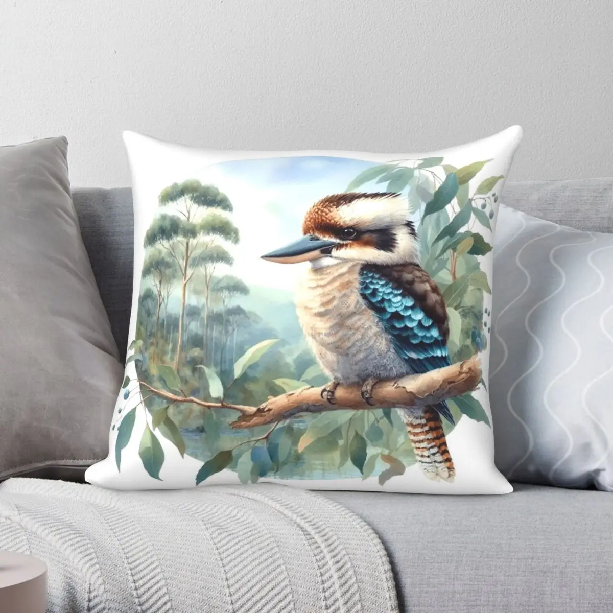 Watercolour Kookaburra Square Pillowcase Polyester Linen Velvet Pattern Zip Decor Pillow Case Bed Cushion Cover Wholesale