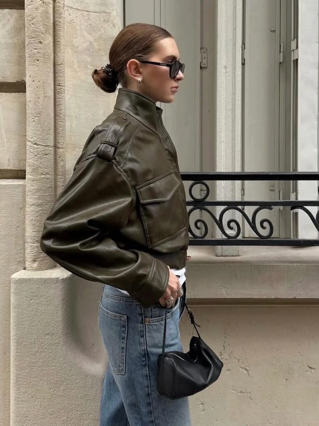 

American Sle ort Motorcycle Leather Jaet Women's High Waist pe Pilot Coat with Big kets Spicy Girl Faion 2025