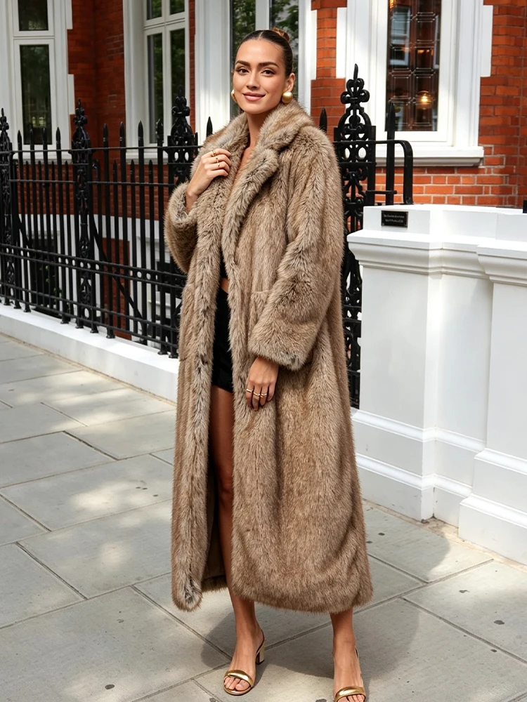 HH Women Vintage Long Faux Fur Coat Lapel Collar Double Pockets Open Front Warm Outerwear Autumn Winter Fashion Party Outfit