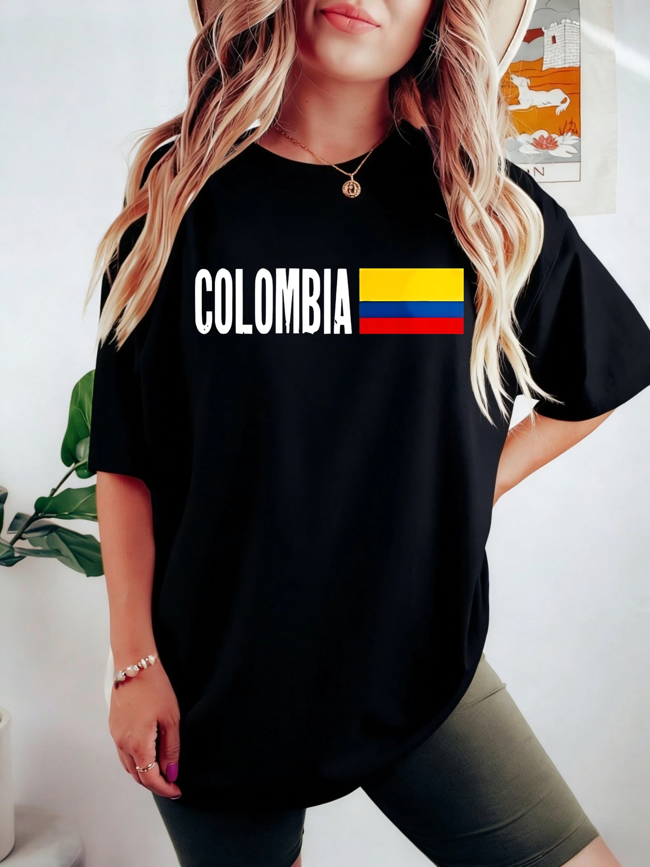 

Women's Cotton Short Sleeve T Shirt Colombia Flag Printed Casual Summer Graphic Tee for Her - Gift for Women