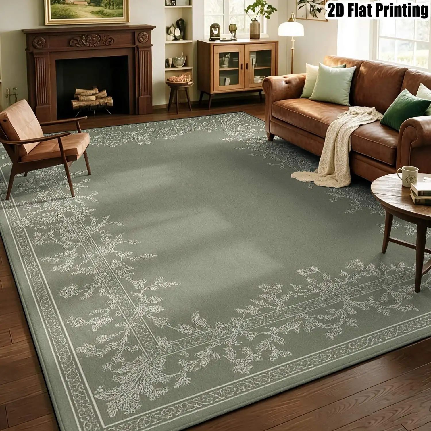 1Pc 2D Printed Carpet: Light Gray Base, White Floral Patterns European/Modern Minimalist/Instagram/Vintage Style, Home Decor, Multi-Size, Machine Washable, for Entryway, Living Room, Bedroom, Dining Room, Study.