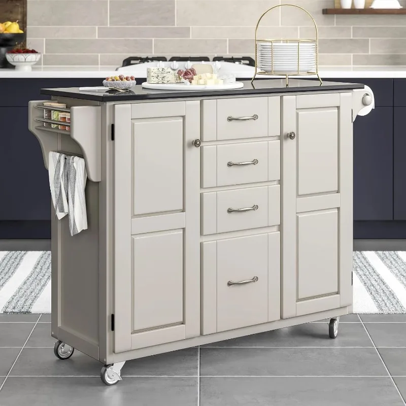 Create-a-Cart White 2 Door Cabinet Kitchen Cart with Black Granite Top By Home Styles Heavy Duty Locking