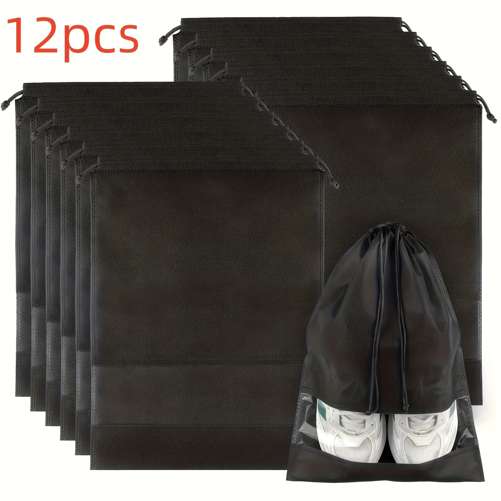 12Pcs Non Woven Foldable Shoe Storage Bags Large Black Drawstring Reusable Unisex Travel Organizer Pouch for Shoes Packing