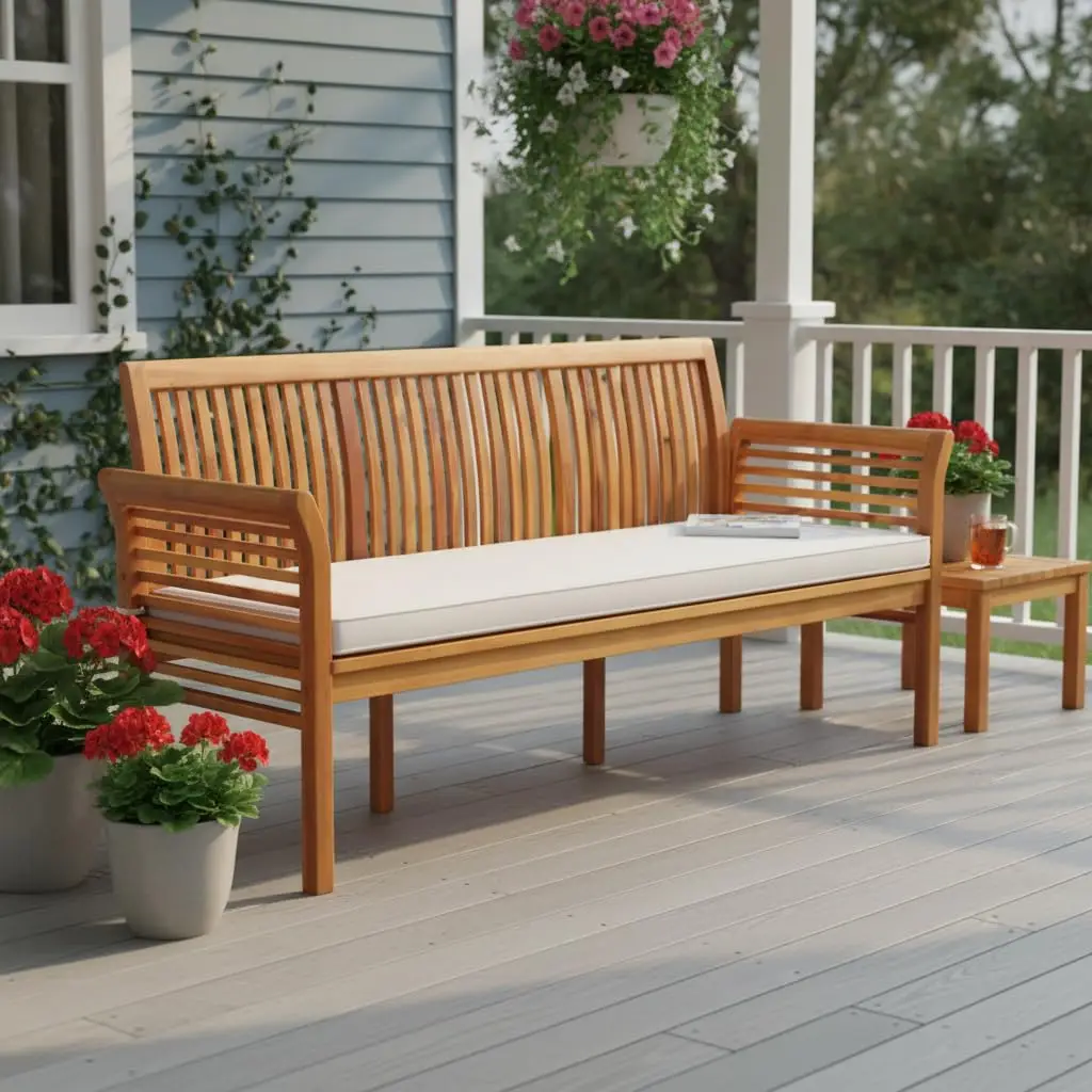 3-Seat Patio Acacia Wood Bench with Cushion, 62.5” Extra Long Outdoor Chair with Dense Slatted Backrest & Armrests