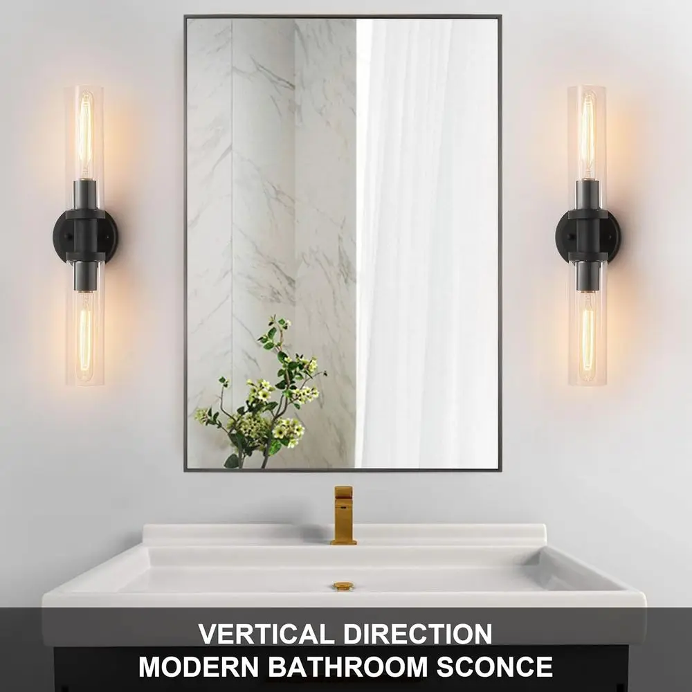 โคมไฟติดผนังสีดำด้านสไตล์โมเดิร์นพร้อมกระจกใสสำหรับห้องน้ำ ห้องนั่งเล่น และห้องนอน