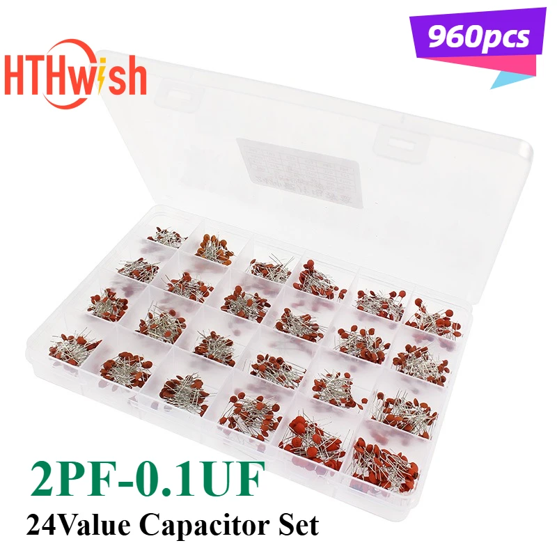 960PCS/Box Ceramic Capacitor Combination Kit  2PF-0.1UF 24Value Capacitor Set 3.9NF 10PF 22PF 33PF 47PF 1NF 10NF 47NF