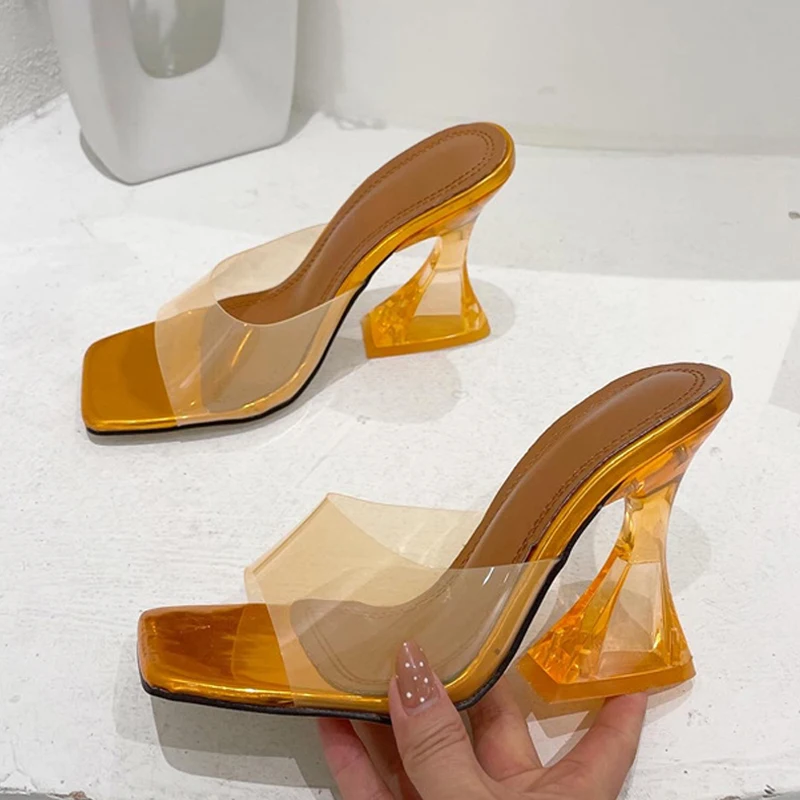 Fashion Clear Heels Slippers Female Mules Slides Summer Transparent Sandals Women Open Toe Orange Red PVC Jelly Shoes Size 35-42