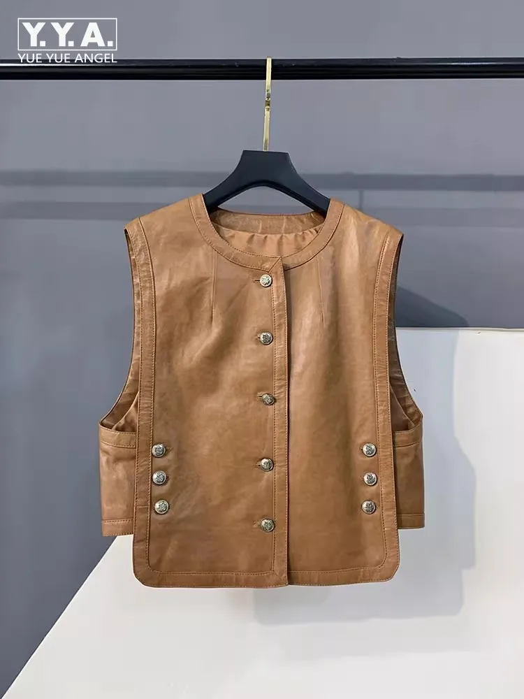 

Hot Sale O-Neck Genuine Leather Women Vests Single Breasted Waistcoat Office Ladies Casual Tank Top Chic Party Sleeveless Jacket