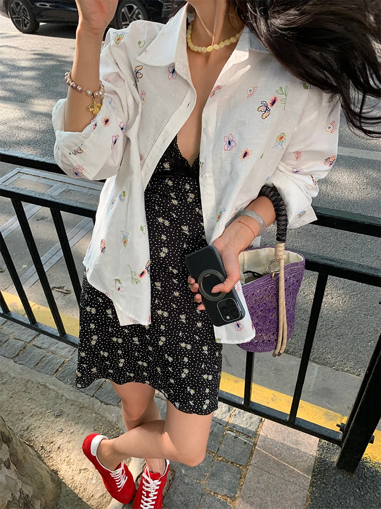 

Loose Fit Embroidered Cotton Linen irt Women's Casual Sle Long Sve Faion Design Spring Summer Autumn Small Size Frie...
