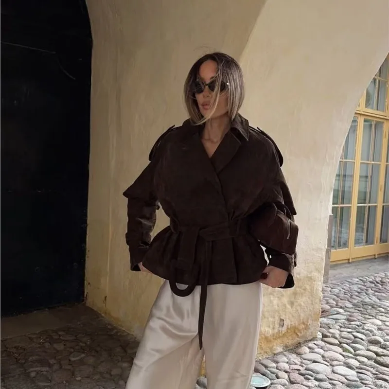 

Vintage Suede Bomber Jacket Coat For Women Brown Lace Up Short Coat Long Sleeves Turndown Collar Overcoat 2025 New Autumn Winter