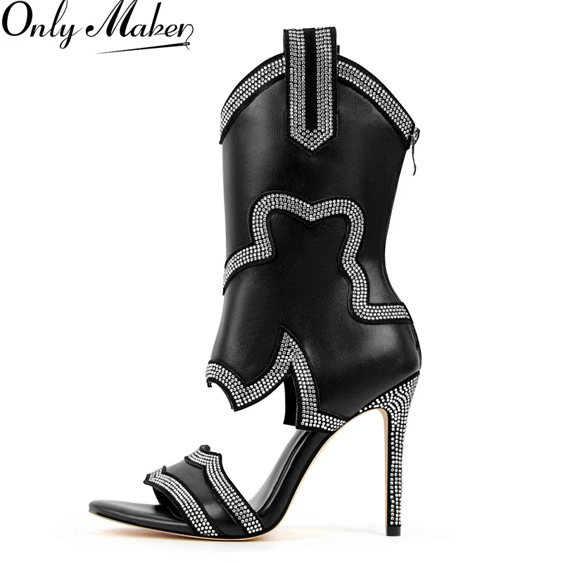 

Onlymaker/женские ботинки до середины Caif с открытым носком и стразами, пикантные летние ботинки на тонком высоком каблуке с открытой молнией сзади и вырезом