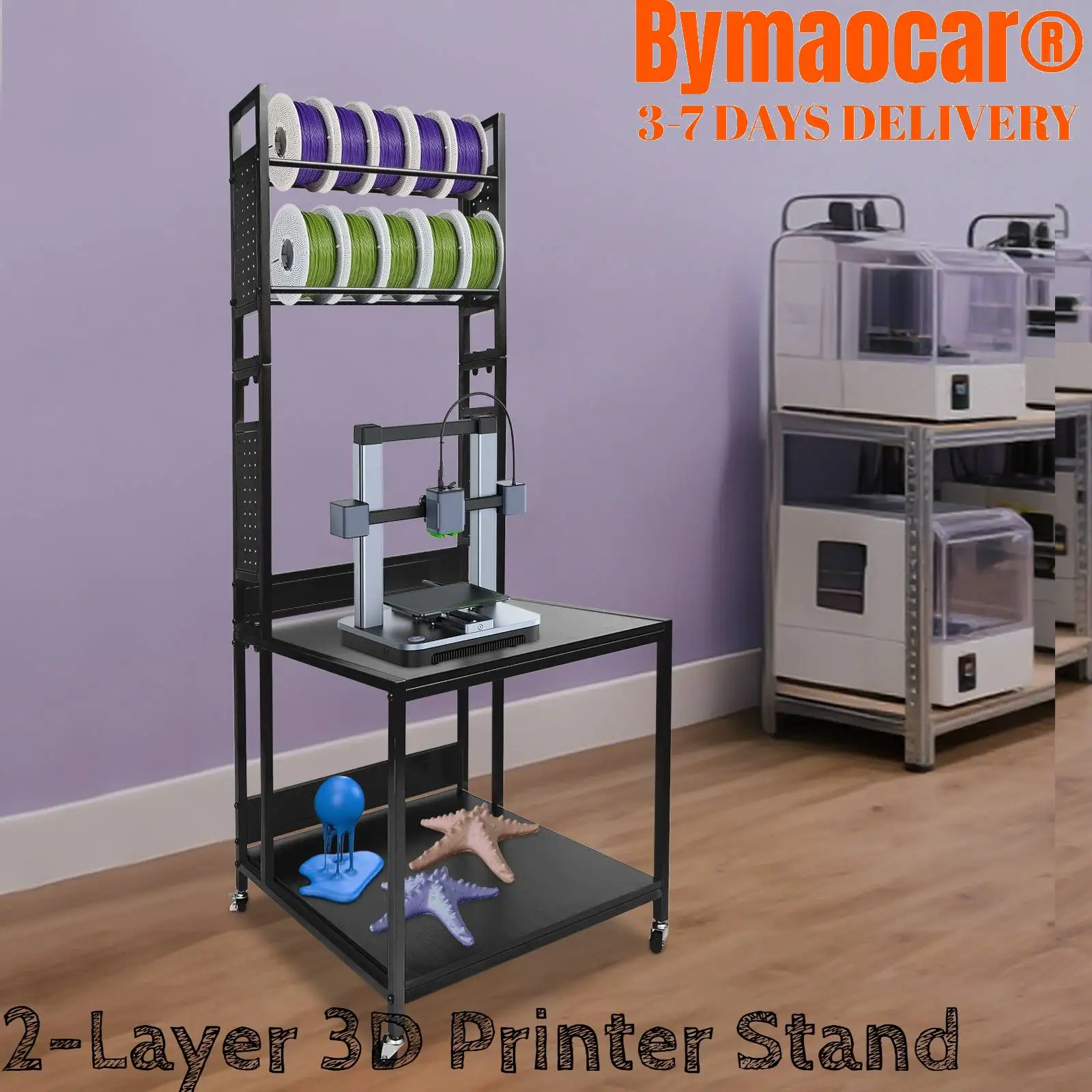 

2-Layer 3D Printer Stand, Filament Storage Rack Heavy Duty Mobile Table with Wheels 60x60x175CM for Studio Office Organization