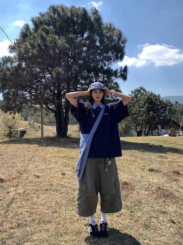 الصيف الأمريكية الرجعية كلية عادية فضفاض العصرية العلامة التجارية كاذبة قطعتين منقوشة المرقعة irt ort Sve T-irt ex