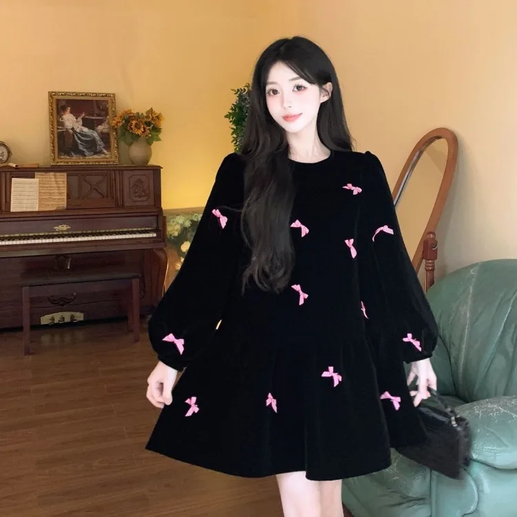 Korejepo Hepburn Style O Neck Bubble Sleeve Velvet Dress Women Autumn Winter Women Clothing Age Reducing Bow Black Short Dresses