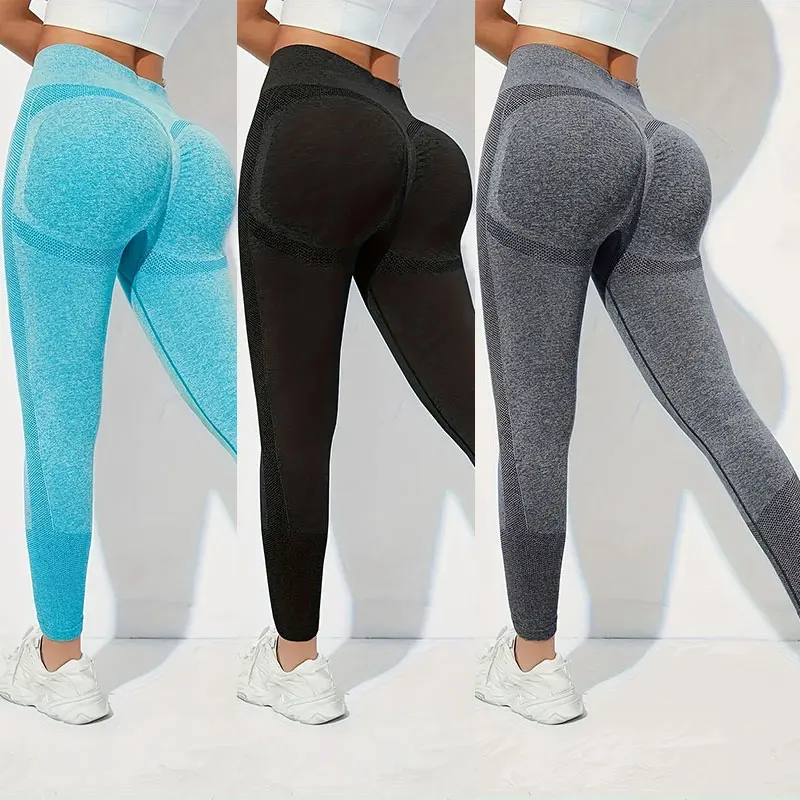 Yoga Basic 3pcs Fitness Gym Tights Seamless Hip-hugging Tummy Control Yoga Leggings With Punch Out Holes