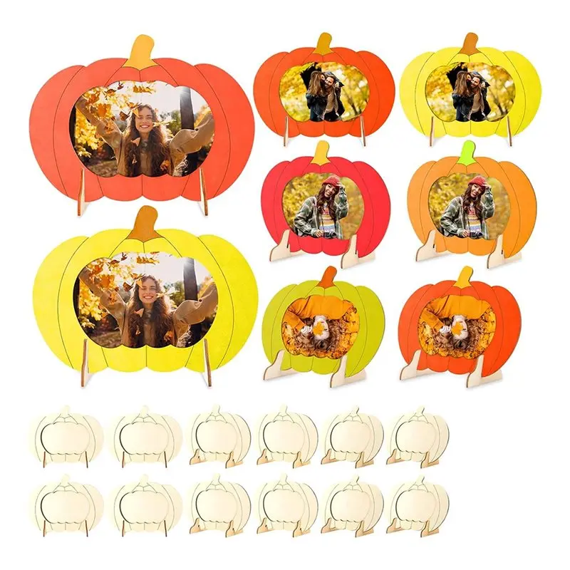 ABMH-For Thanksgiving Décor Decor 12 Pack Wooden Pumpkin Photo Frames, Unfinished Fall DIY Picture Holders With Stands