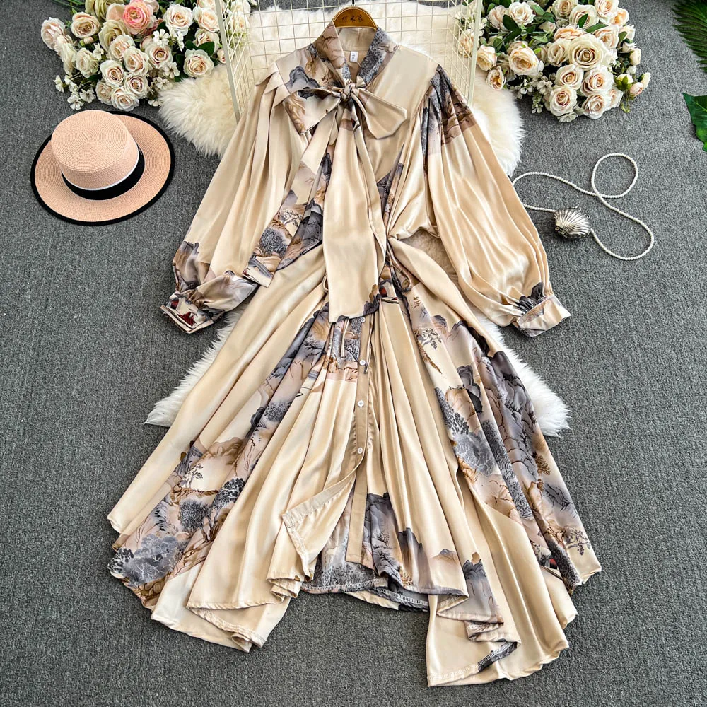 European and American high-quality retro elegant lantern sleeved Irregular A-line print Femae Casual  Party Dress For Women New